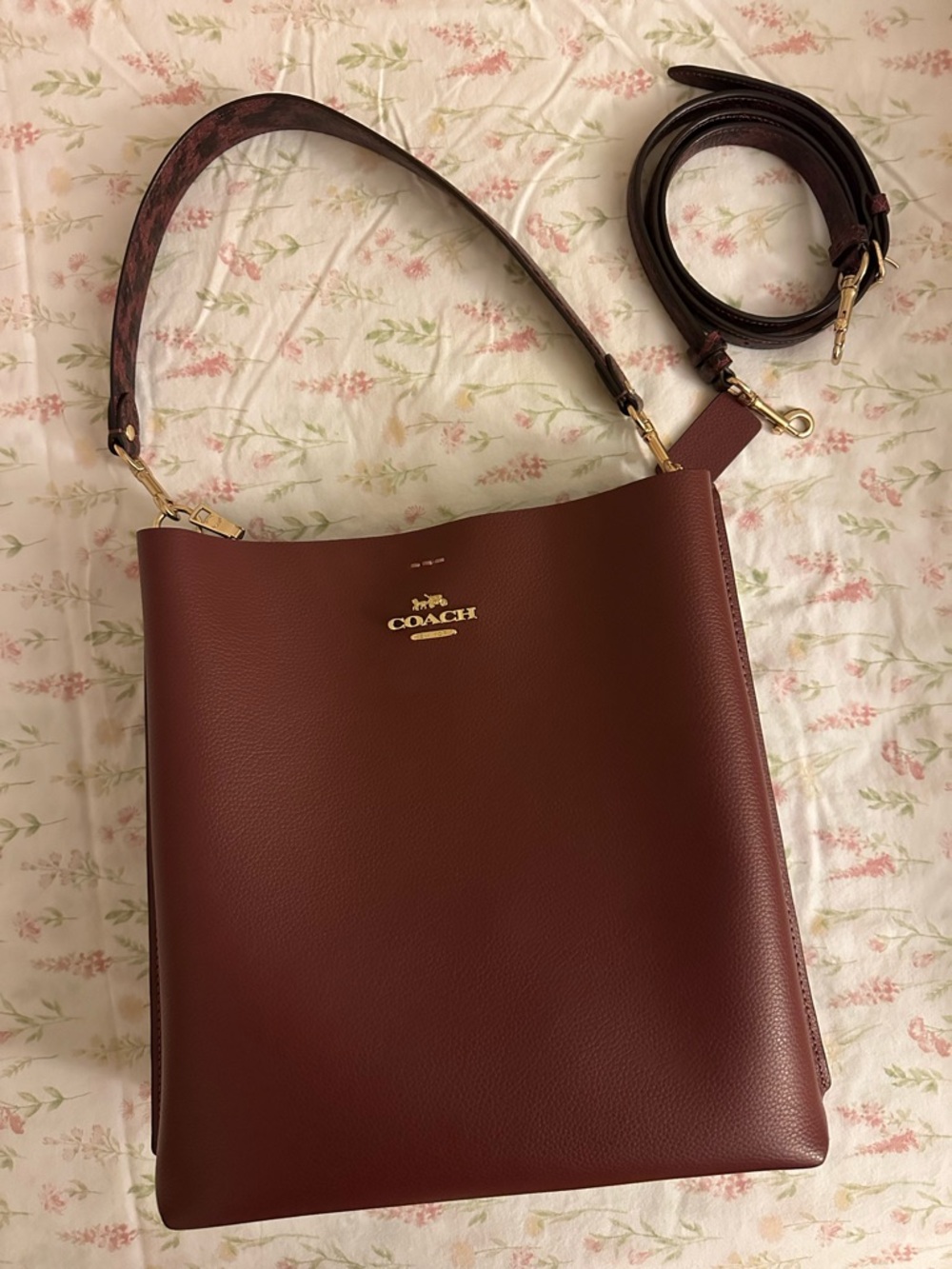 Coach Maroon Leather Bucket Bag with Gold Hardware